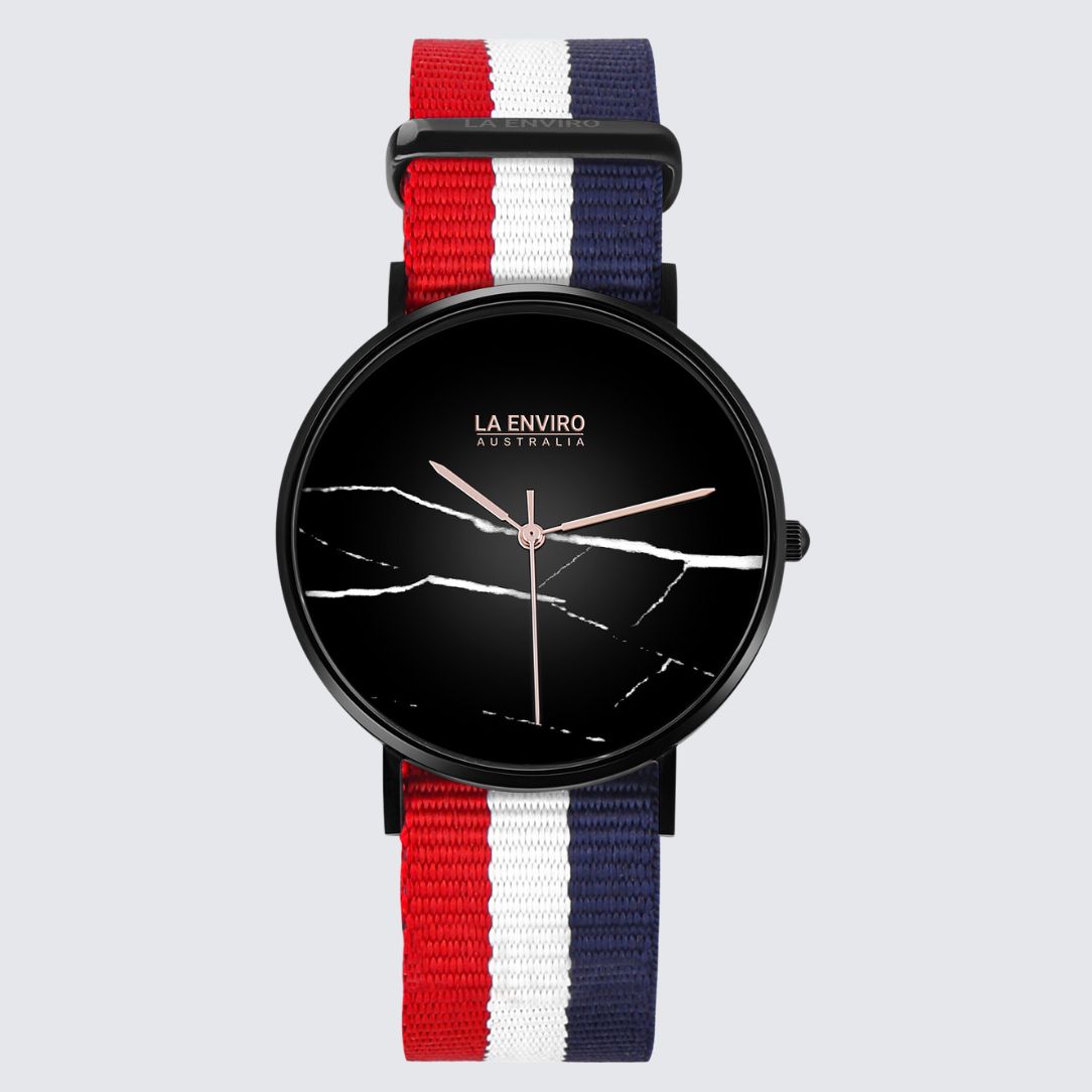 Black Marble Watch With Red, Blue & White Nato Strap I 40 MM