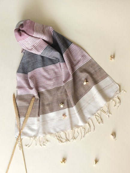 Ahimsa Silk Scarf in grey, brown & pink stripes - Bethikal - stride