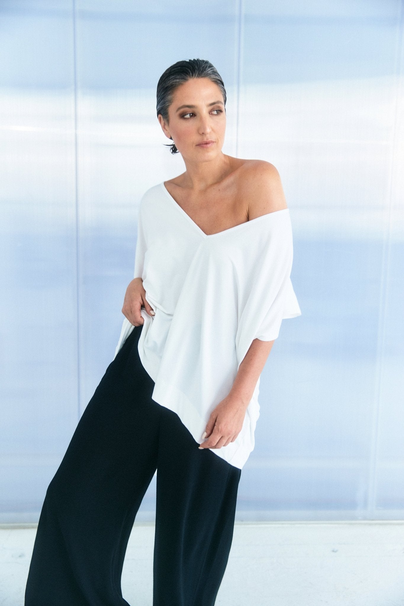 Bamboo Poncho Top - White - Tluxe - stride