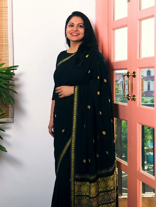 Black handwoven Eri Silk - cotton saree - Bethikal - stride