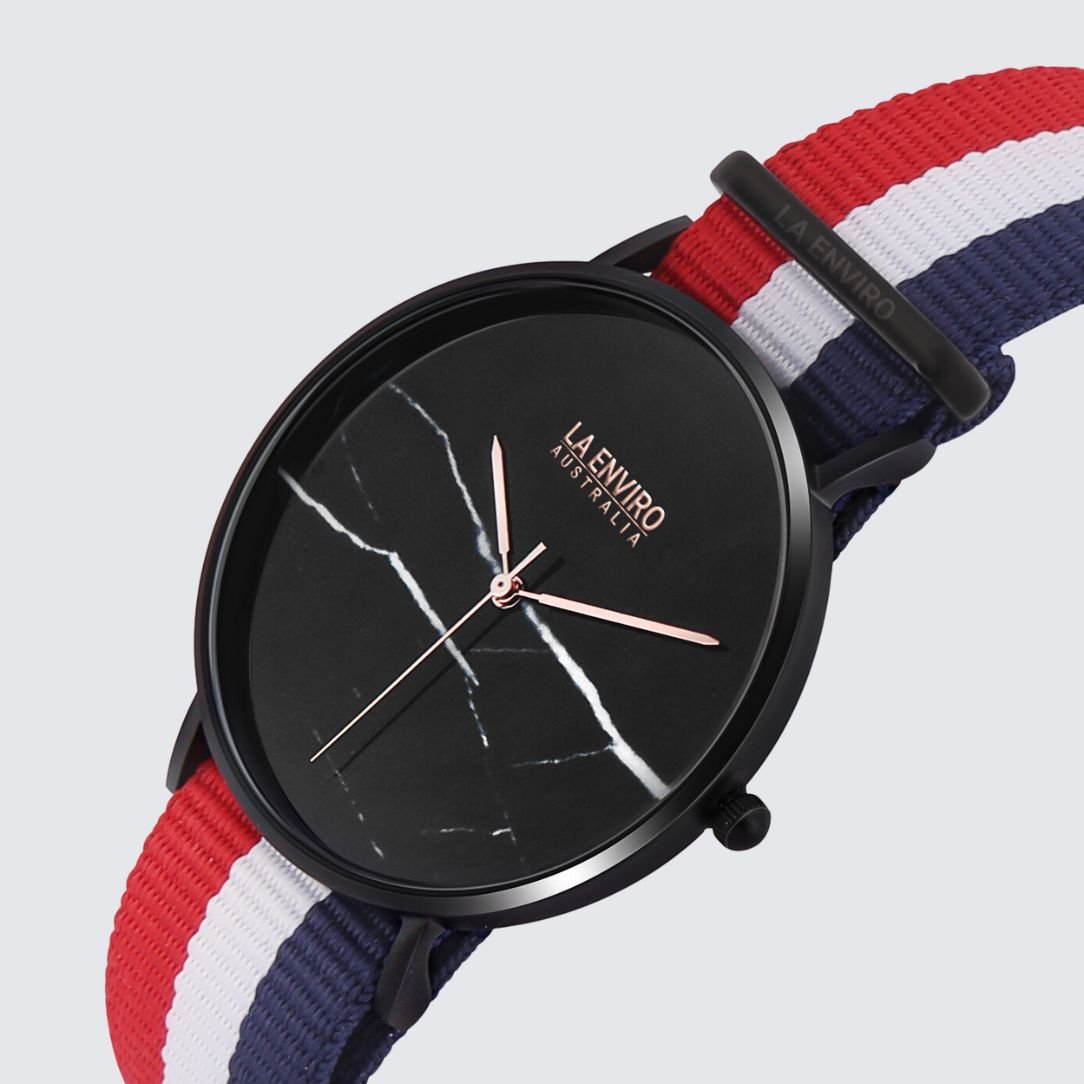 Black Marble Watch With Red, Blue & White Nato Strap I 40 MM - La Enviro - stride