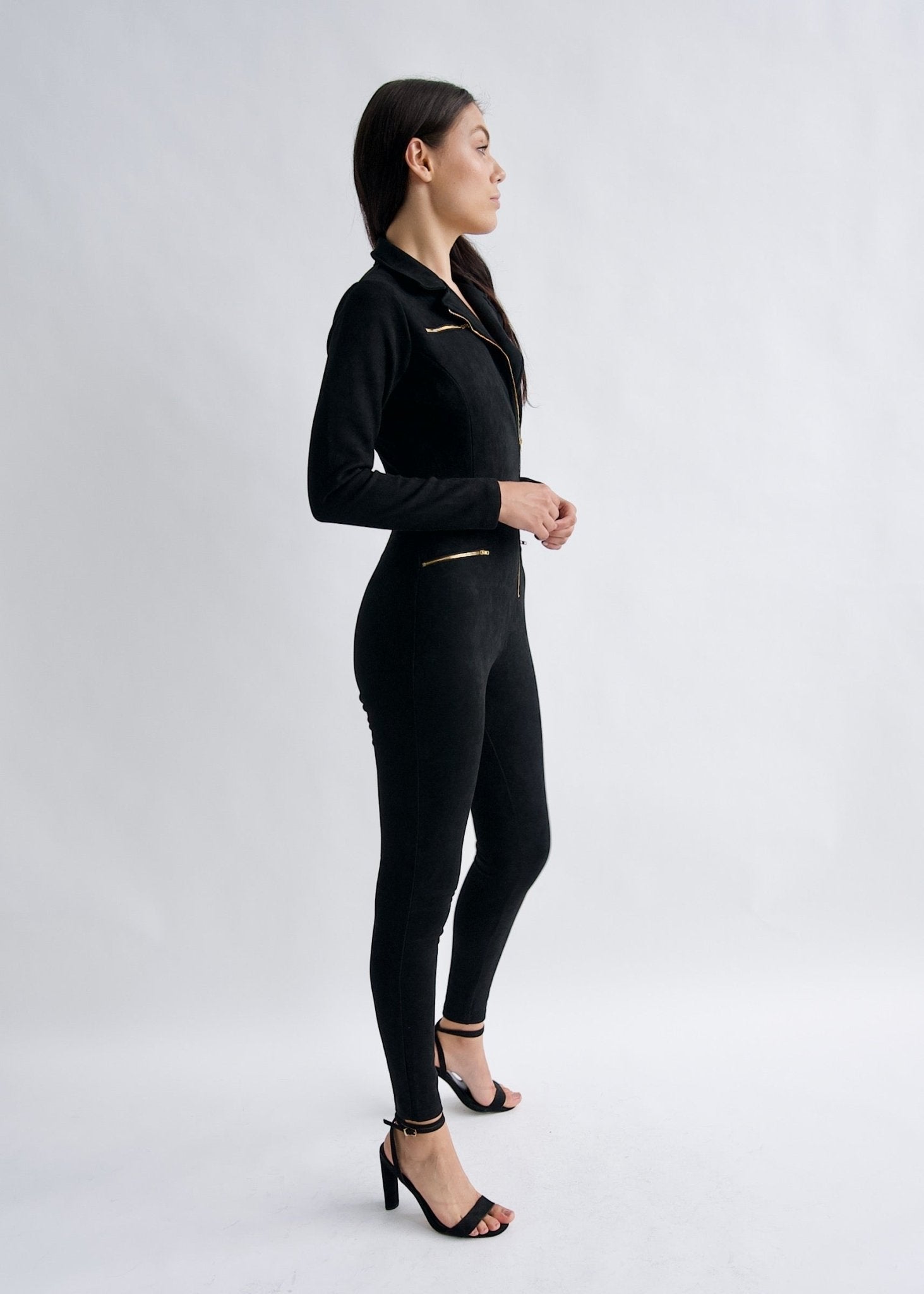 "Emma Peel" Black Faux Suede Jumpsuit - Why Mary - stride