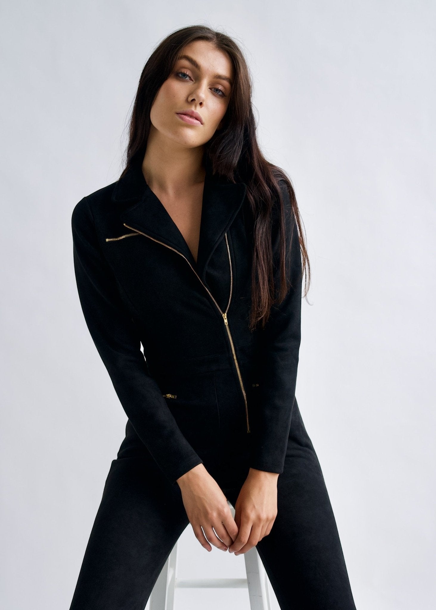 "Emma Peel" Black Faux Suede Jumpsuit - Why Mary - stride