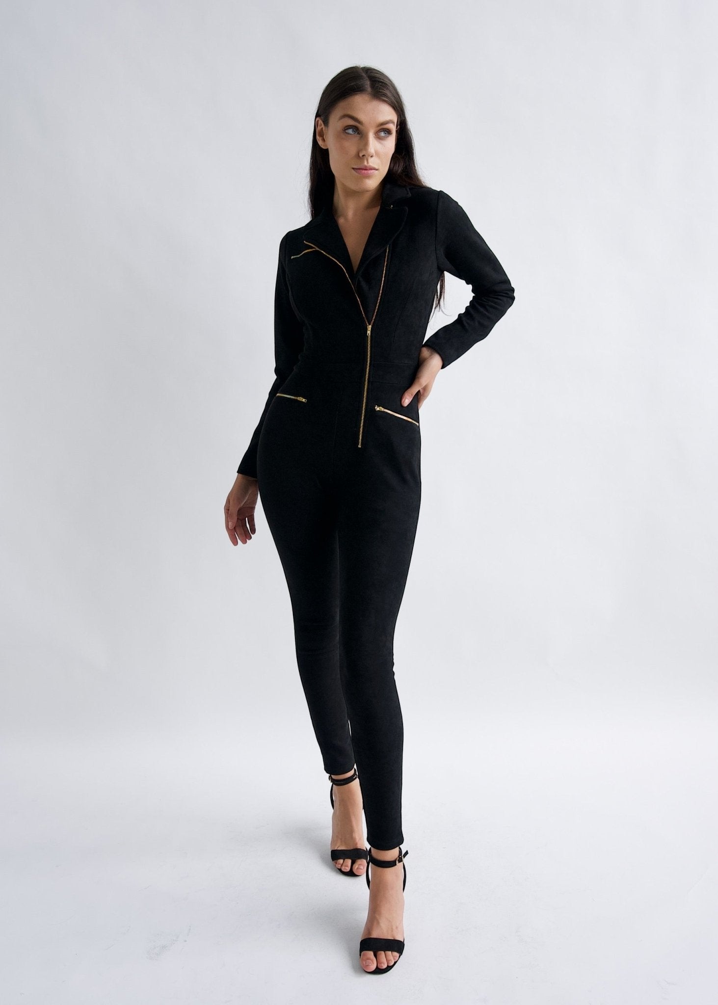 "Emma Peel" Black Faux Suede Jumpsuit - Why Mary - stride