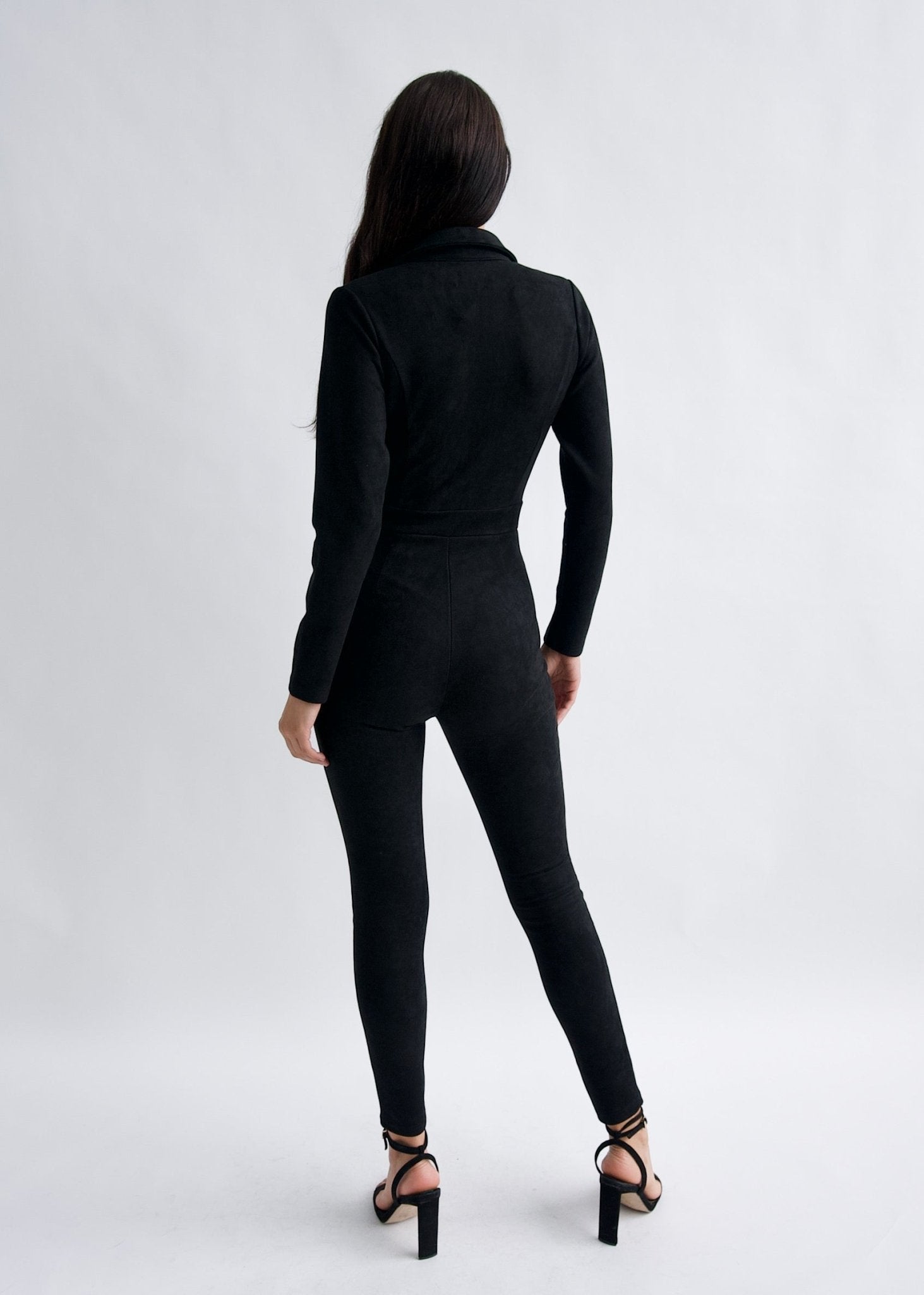 "Emma Peel" Black Faux Suede Jumpsuit - Why Mary - stride