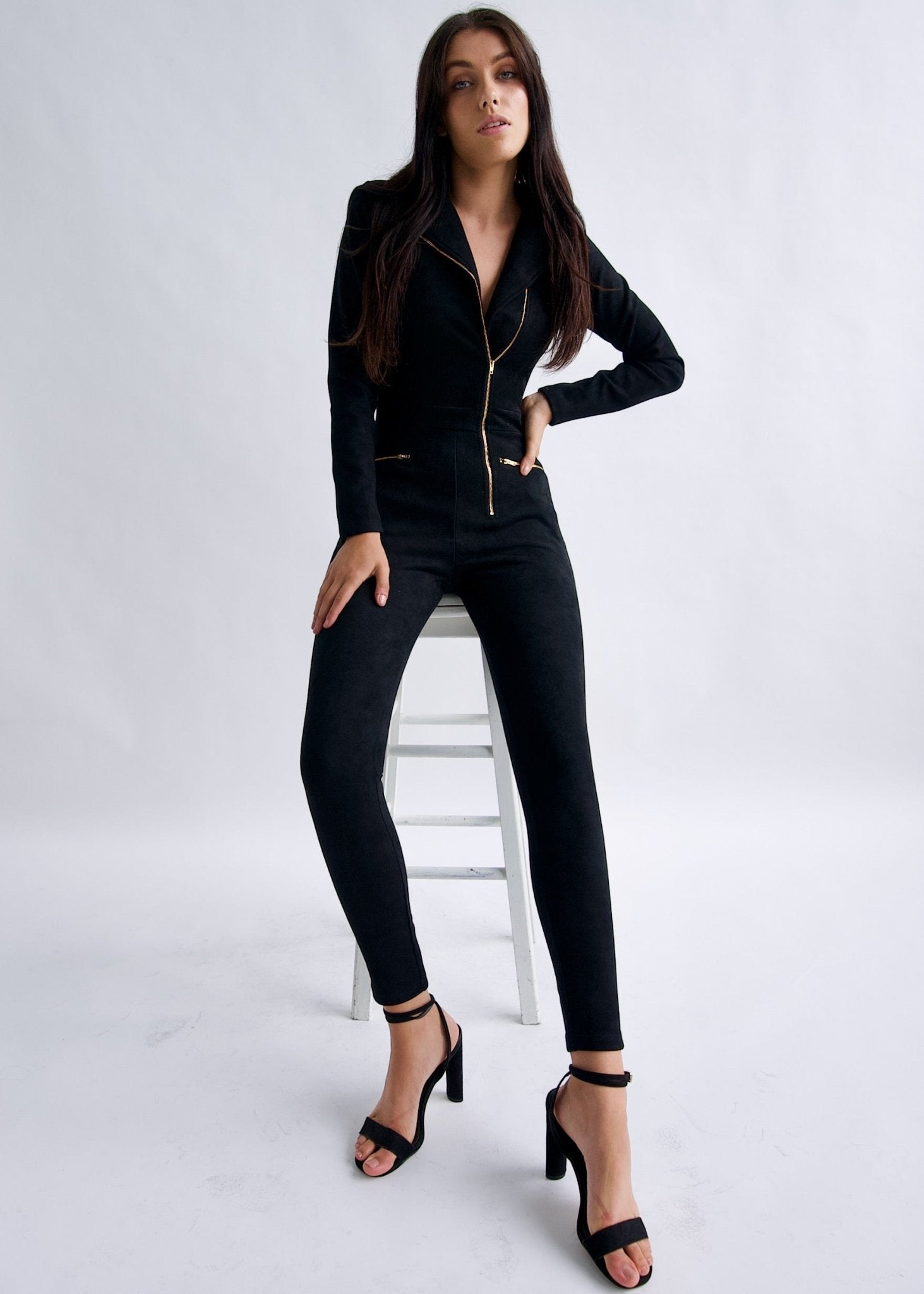 "Emma Peel" Black Faux Suede Jumpsuit - Why Mary - stride