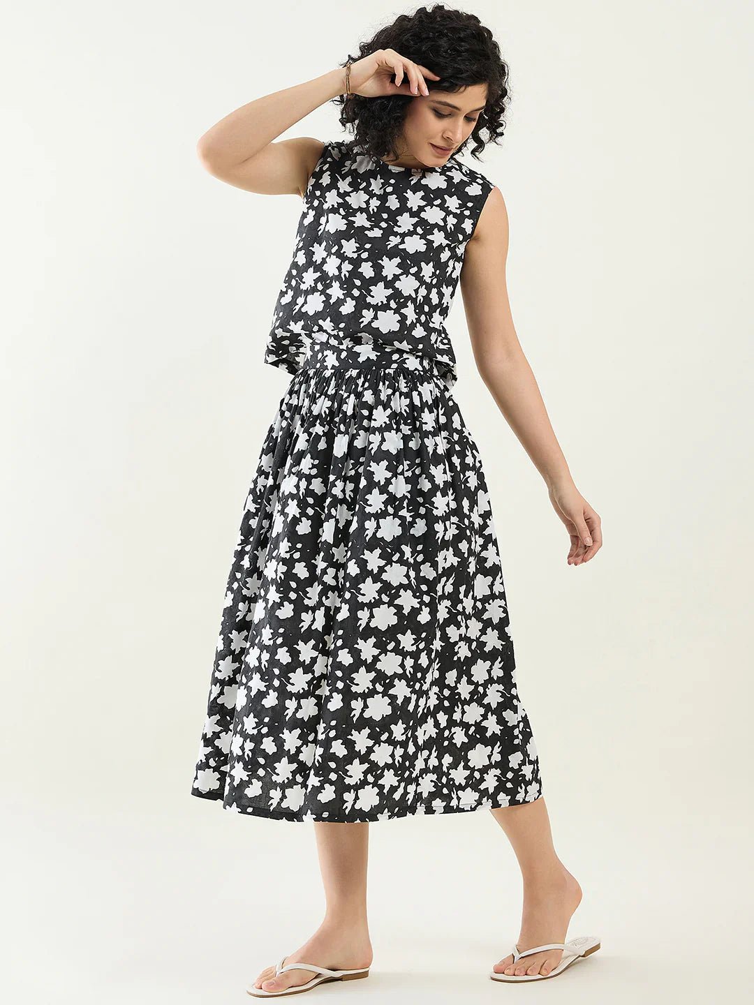 Floral Printed Top and Full Skirt Coord Set for Women | Monochrome - Bethikal - stride