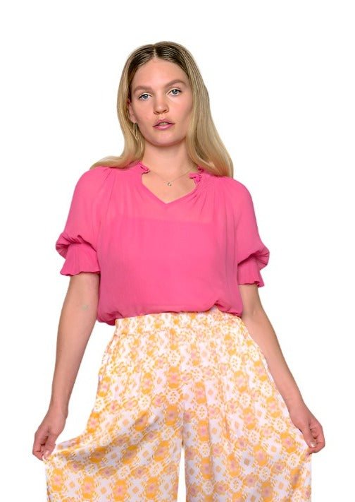 Hot Pink "Devotion" Georgette Top with Puffed Sleeves - Why Mary - stride