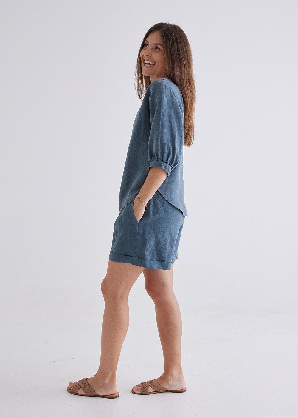 Laura Linen Top in Deep Teal-Devina Louise-stride