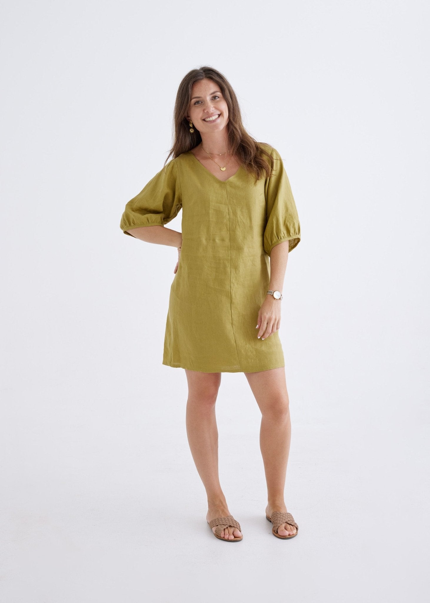 Lily Linen Dress in Olive-Devina Louise-stride