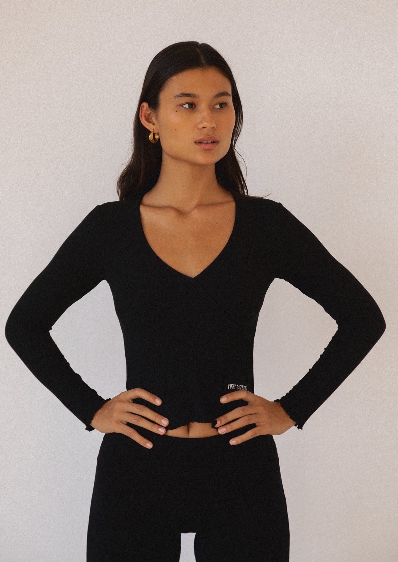 Long Sleeve Mock Wrap Top - Black - Pinky & Kamal - stride