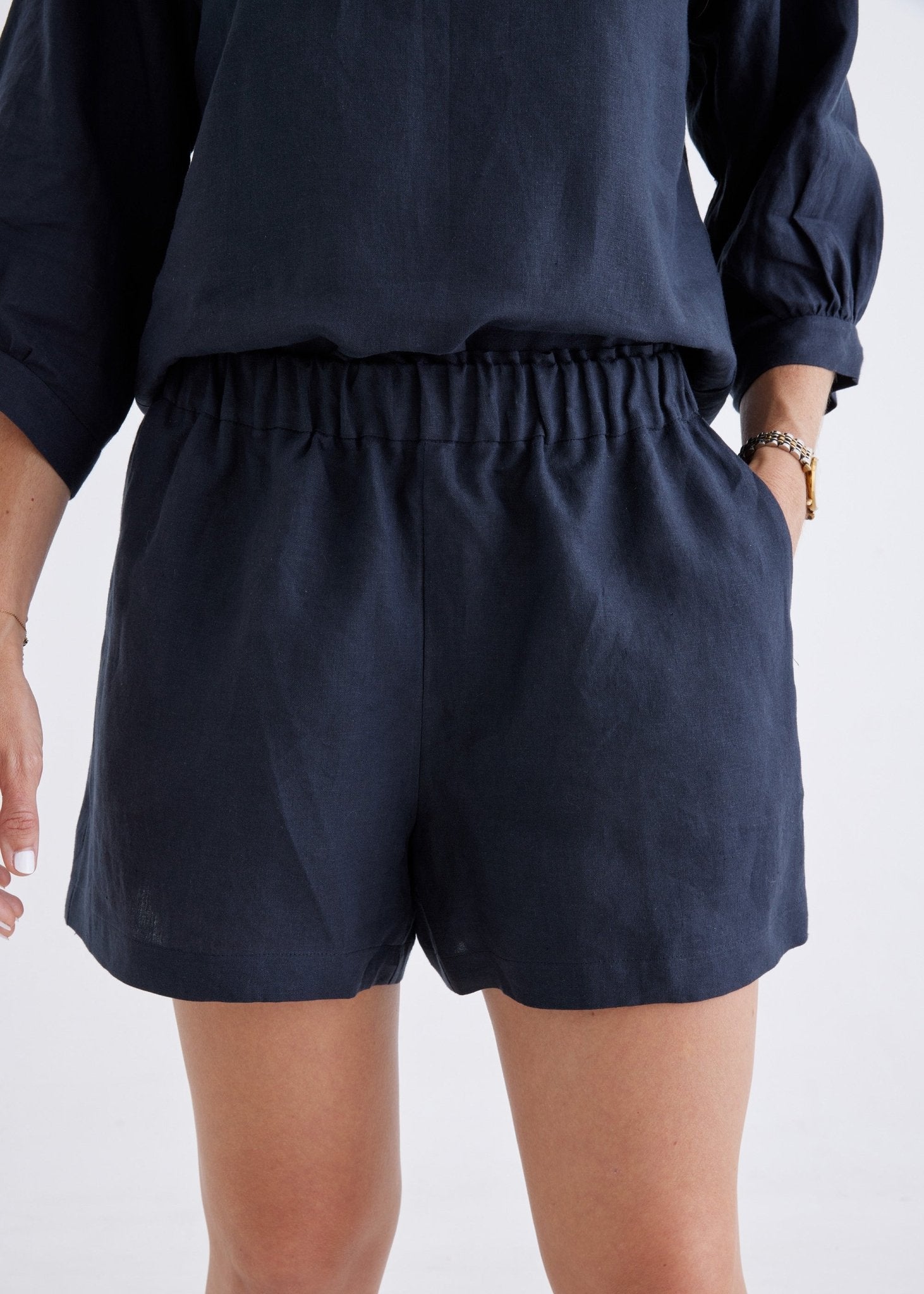 Marley Linen Shorts in Navy-Devina Louise-stride