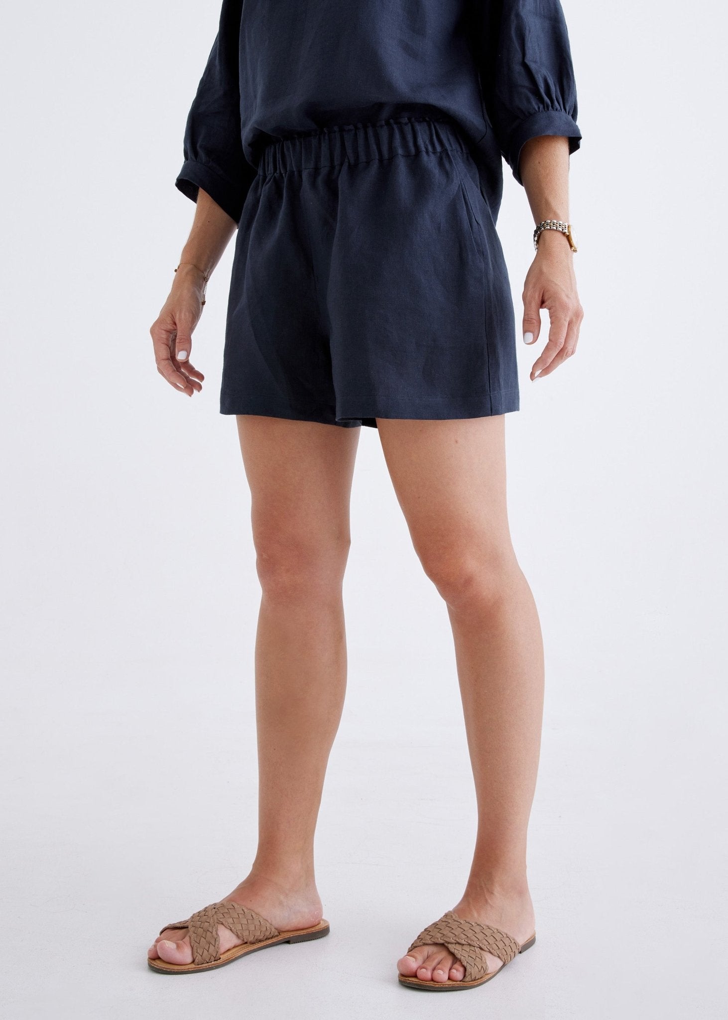 Marley Linen Shorts in Navy-Devina Louise-stride