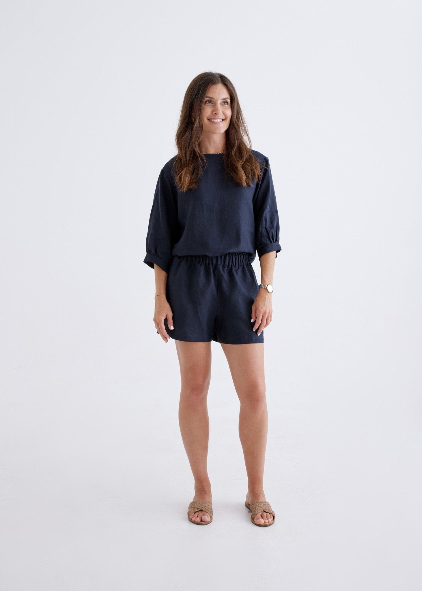 Marley Linen Shorts in Navy-Devina Louise-stride