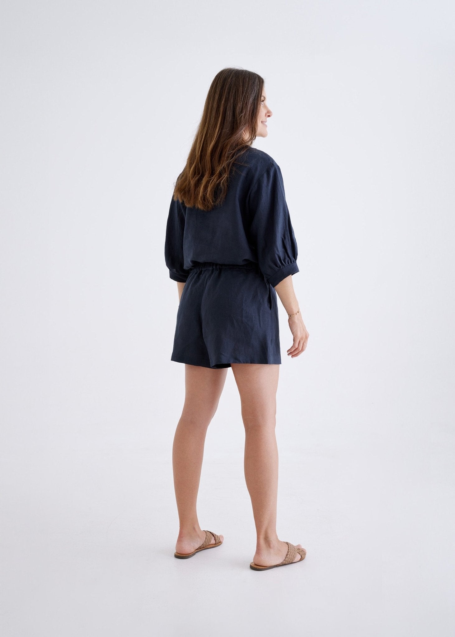 Marley Linen Shorts in Navy-Devina Louise-stride