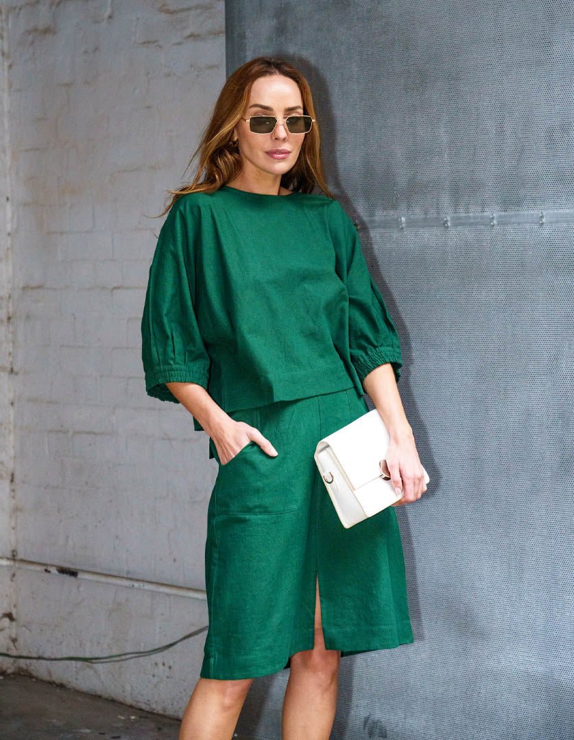 Maya Skirt Emerald Green in Linen - Devoi - stride