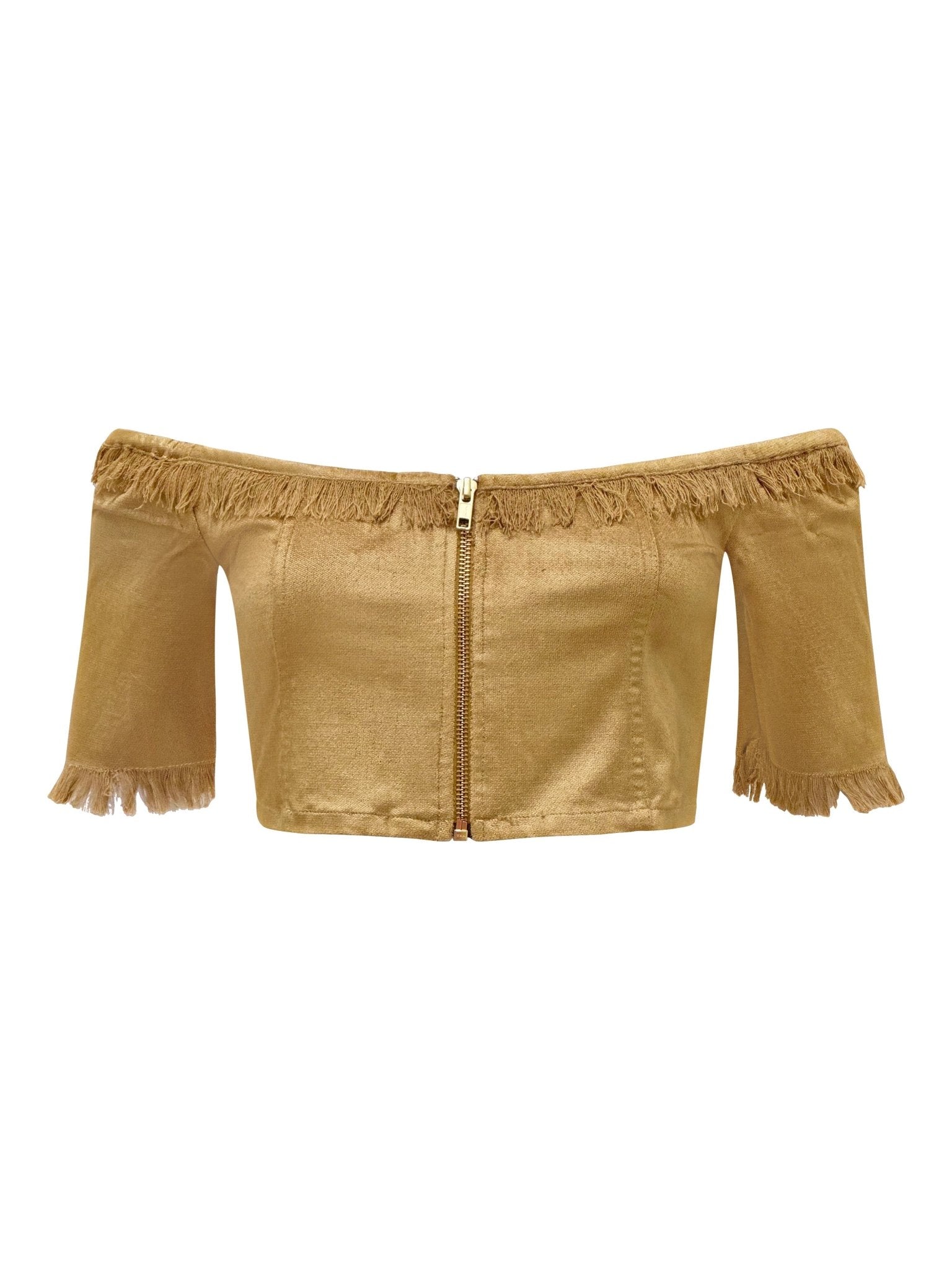 Off the Shoulder Gold Velvet Crop Top with 3/4 Sleeves "Harmonia" - Why Mary - stride