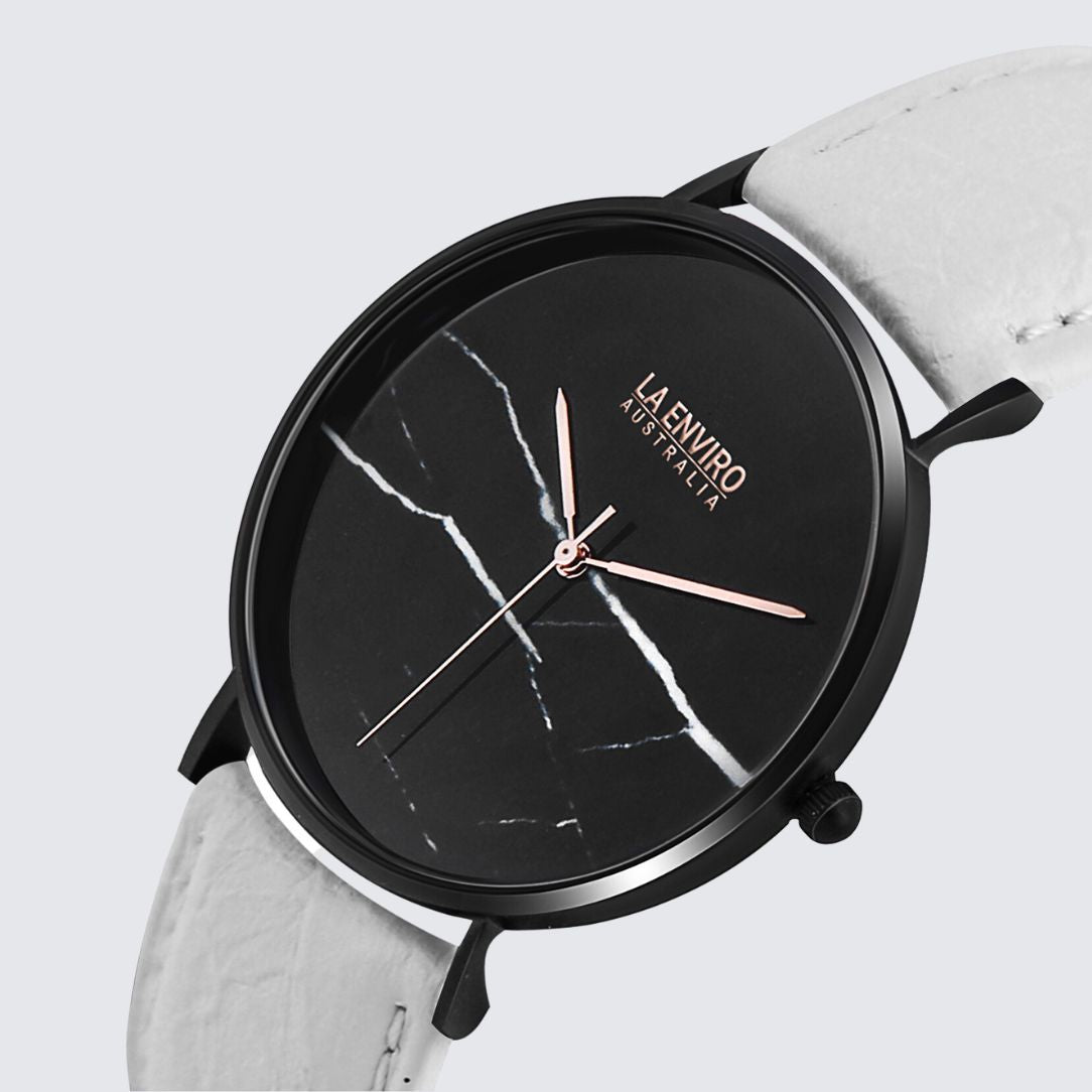 PINEAPPLE LEATHER BLACK WITH WHITE STRAP I MARBLE 40 MM - La Enviro - stride