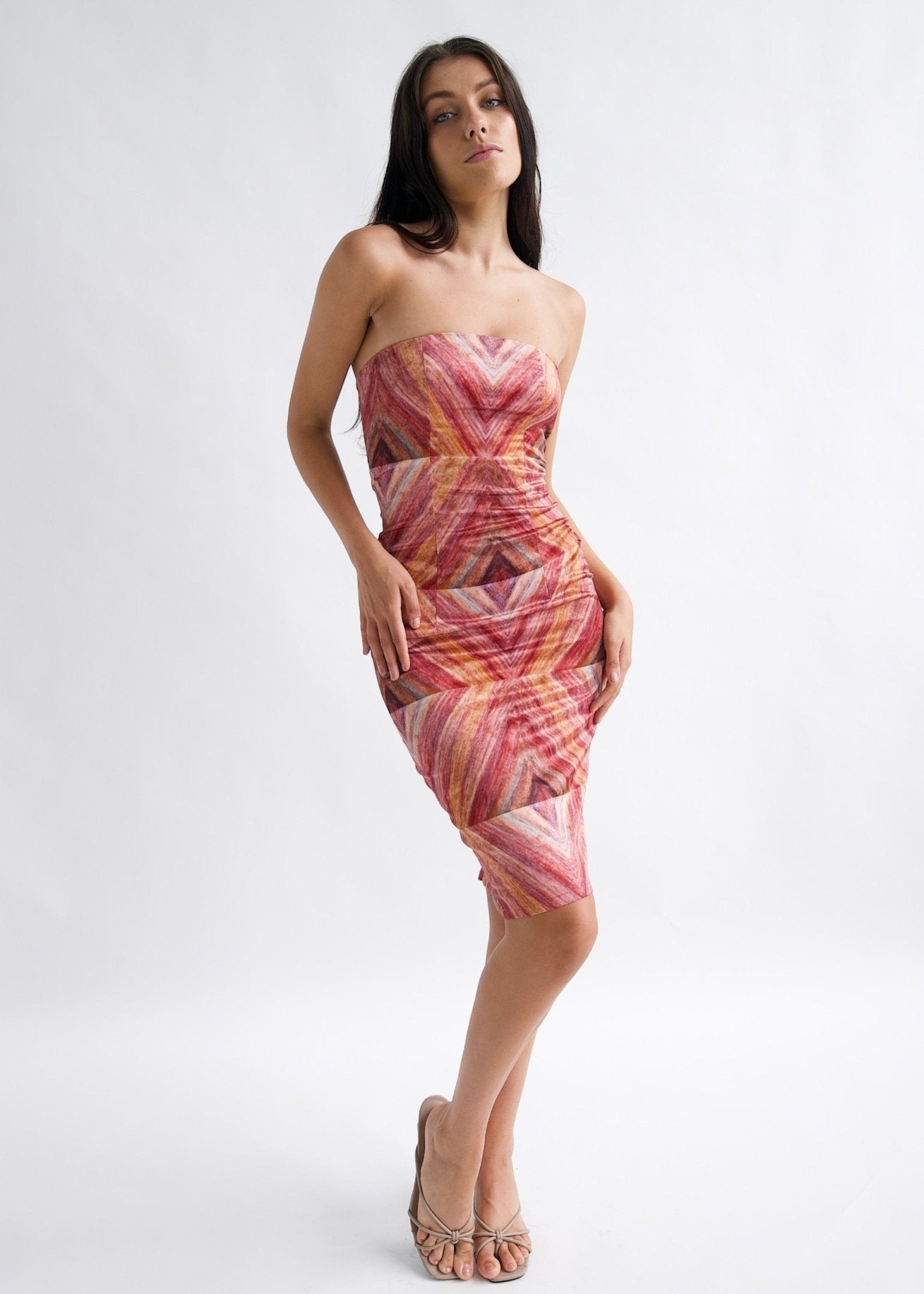 Printed Strapless Satin Dress "Kala" - Why Mary - stride