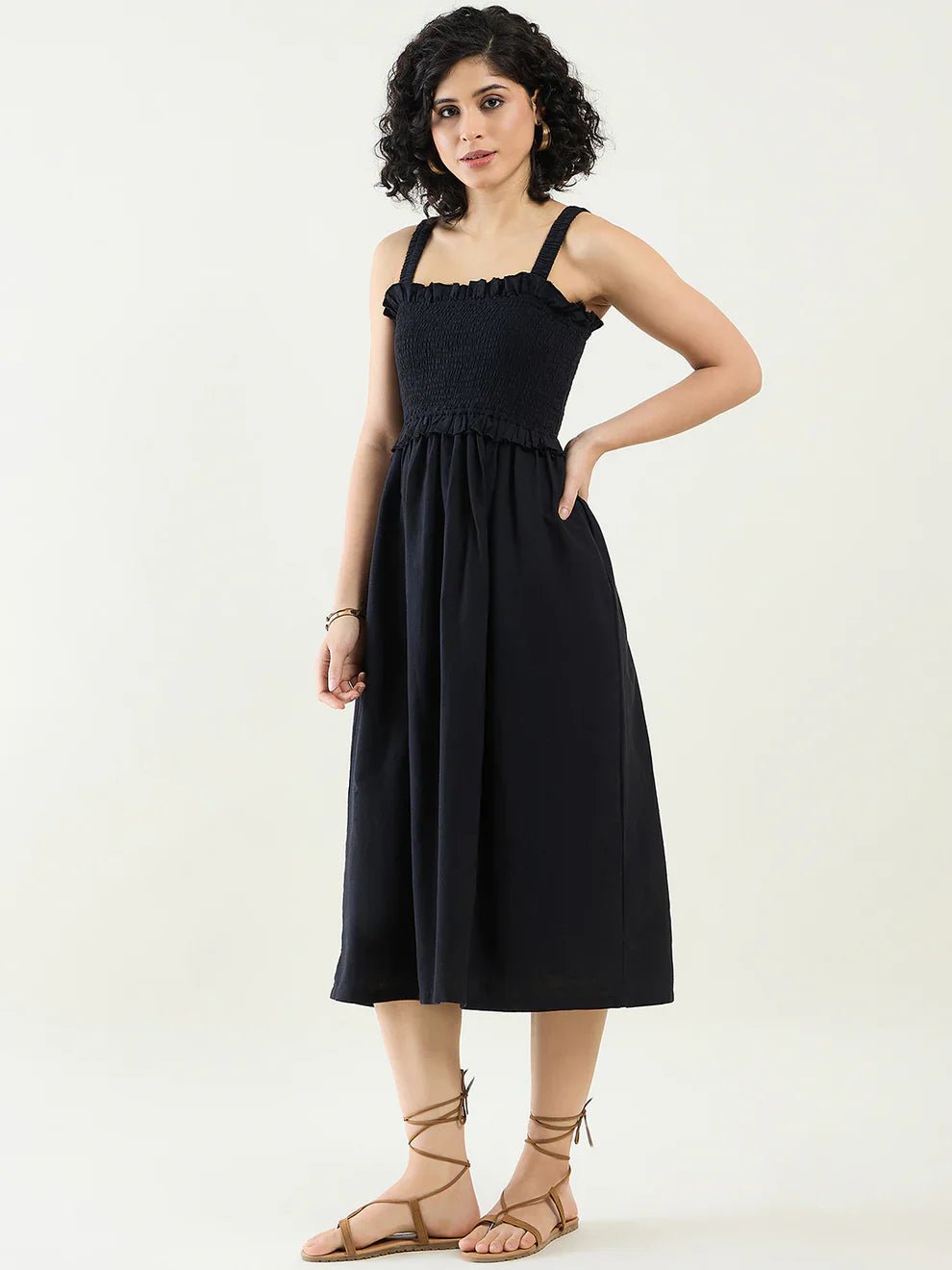 Smocked Midi Dress with Ruffle - Bethikal - stride