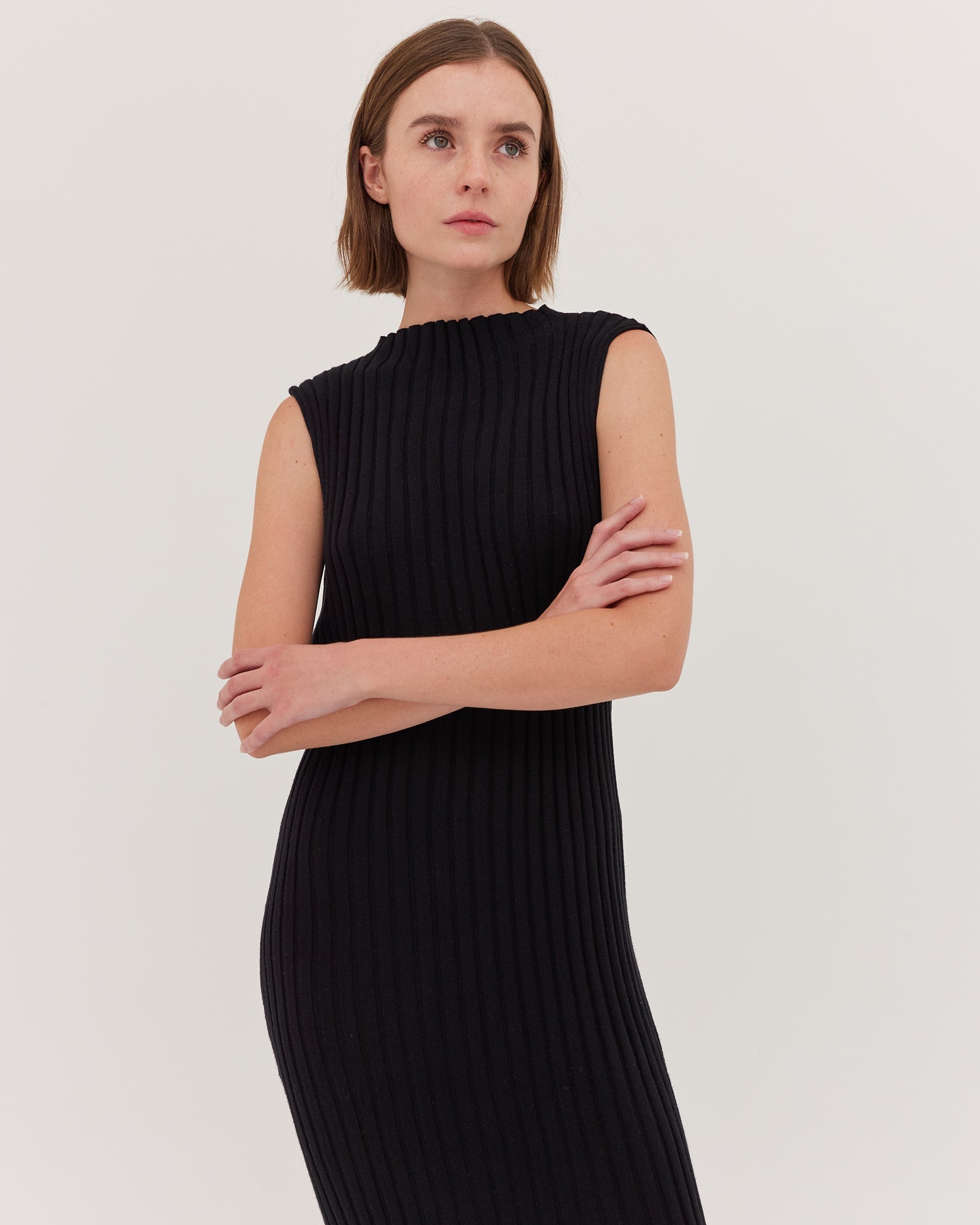 The Rib Funnel Neck Tank Dress | Black - Cloth & Co - stride