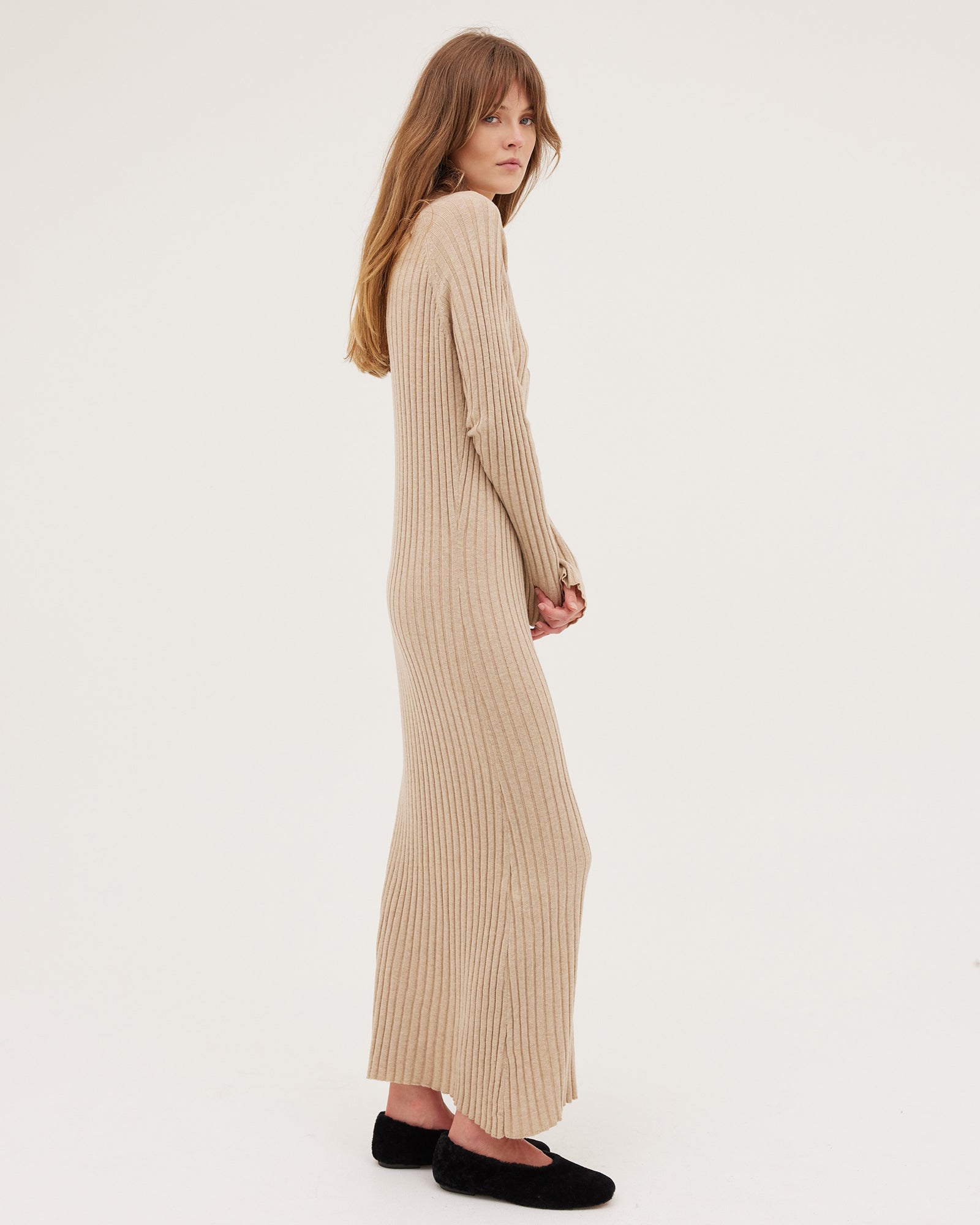 The Ribbed Funnel Dress | Oatmeal - Cloth & Co - stride