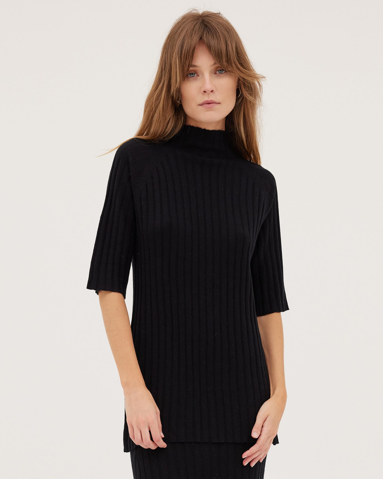 The Ribbed Funnel Neck Tee | Black - Cloth & Co - stride