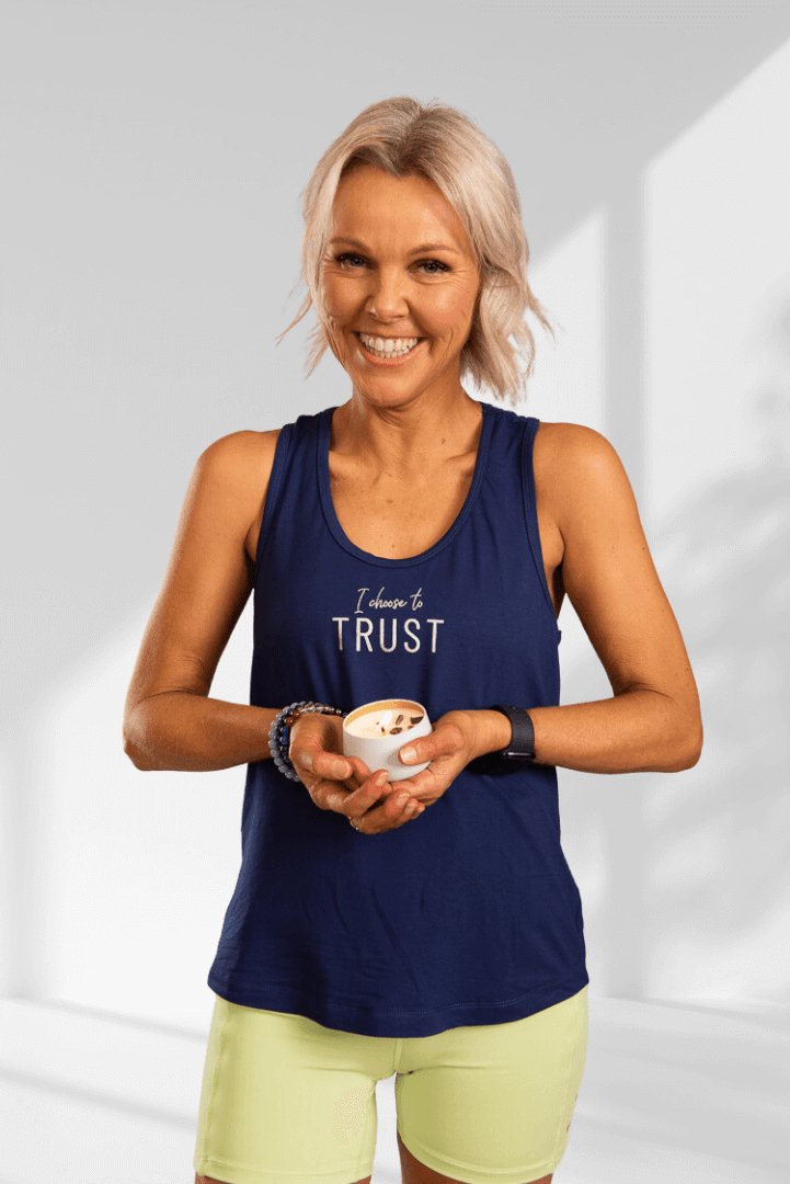 Trust | Dark blue sleeveless racerback activewear top - Empowered Clothing - stride