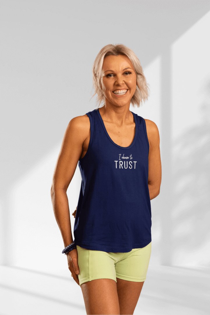 Trust | Dark blue sleeveless racerback activewear top - Empowered Clothing - stride