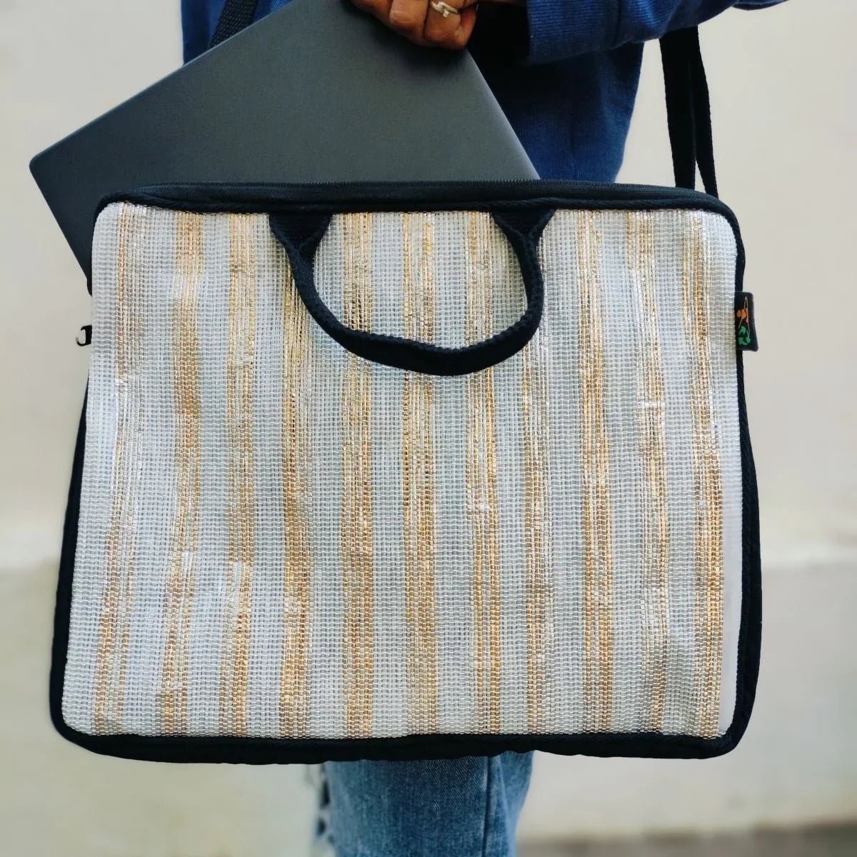 White and Gold Stripes Upcycled Handwoven Laptop Sleeve 14inch - Bethikal - stride