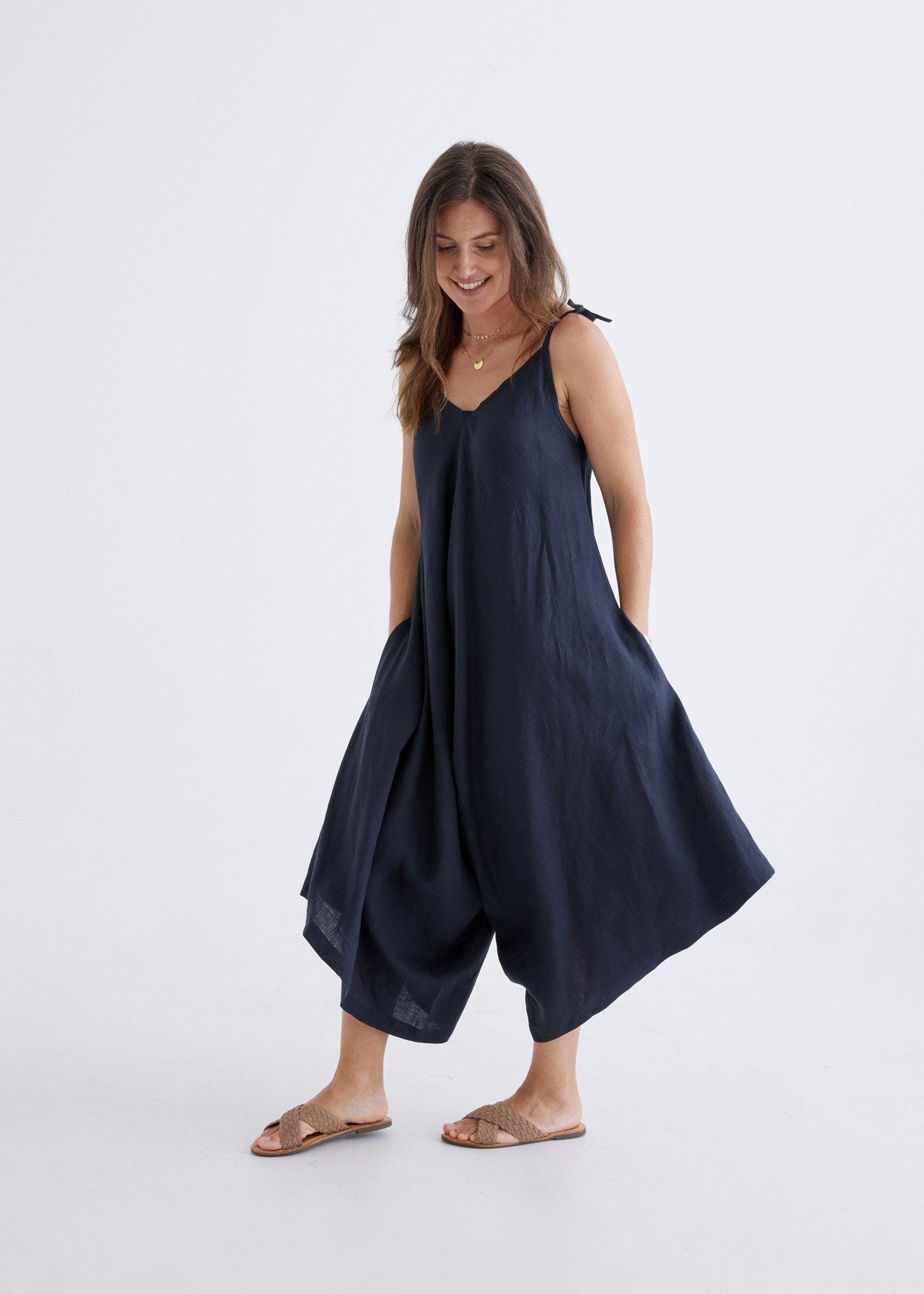 Willow Linen Jumpsuit in Navy-Devina Louise-stride