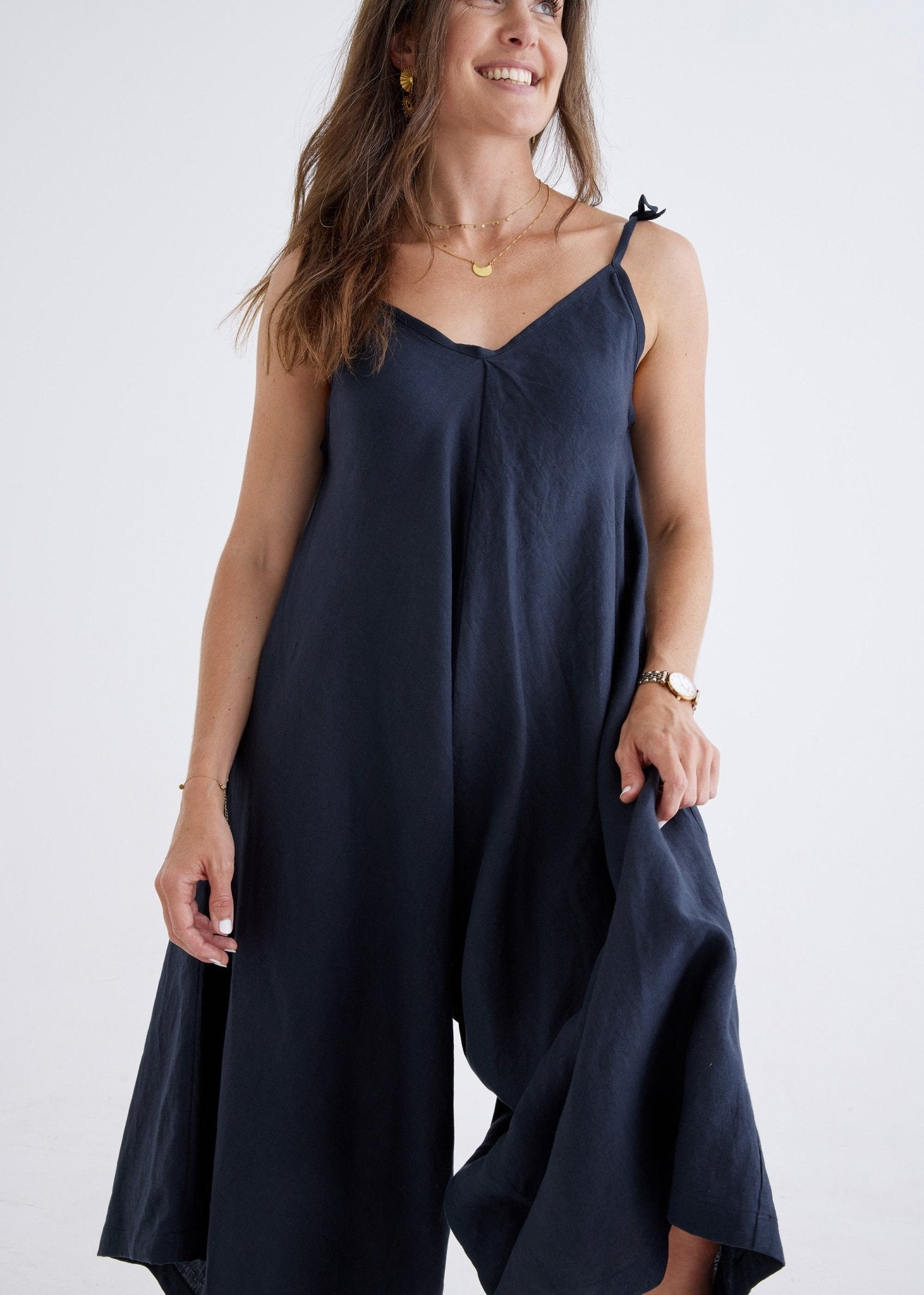 Willow Linen Jumpsuit in Navy-Devina Louise-stride