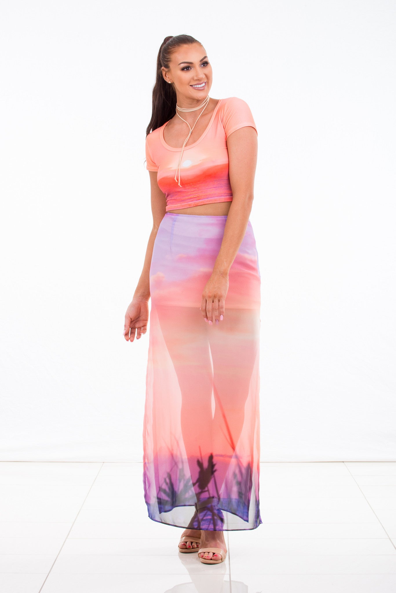 Women's Maxi Skirt Chiffon with sunrise digital print - Why Mary - stride