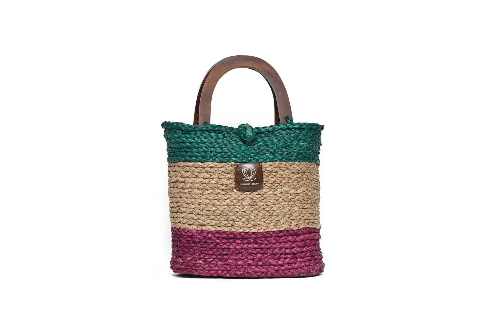 Wooden Handle Bag - Sea Green Turquoise, Natural & Pink (without lining)-Karuna Dawn-stride