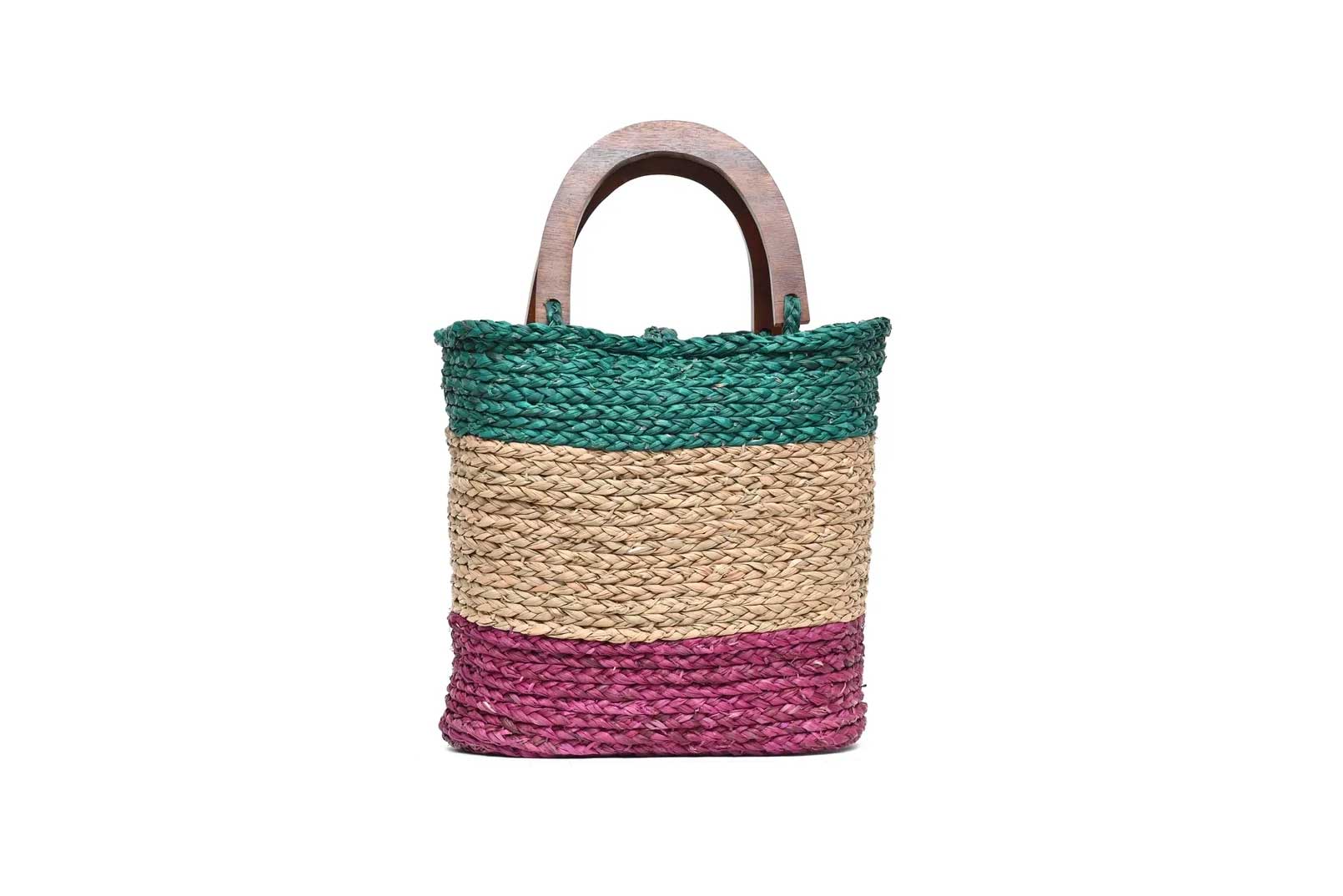 Wooden Handle Bag - Sea Green Turquoise, Natural & Pink (without lining)-Karuna Dawn-stride