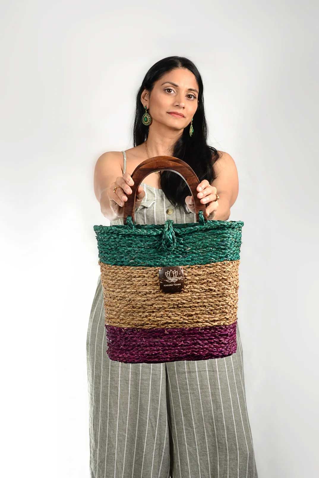 Wooden Handle Bag - Sea Green Turquoise, Natural & Pink (without lining)-Karuna Dawn-stride