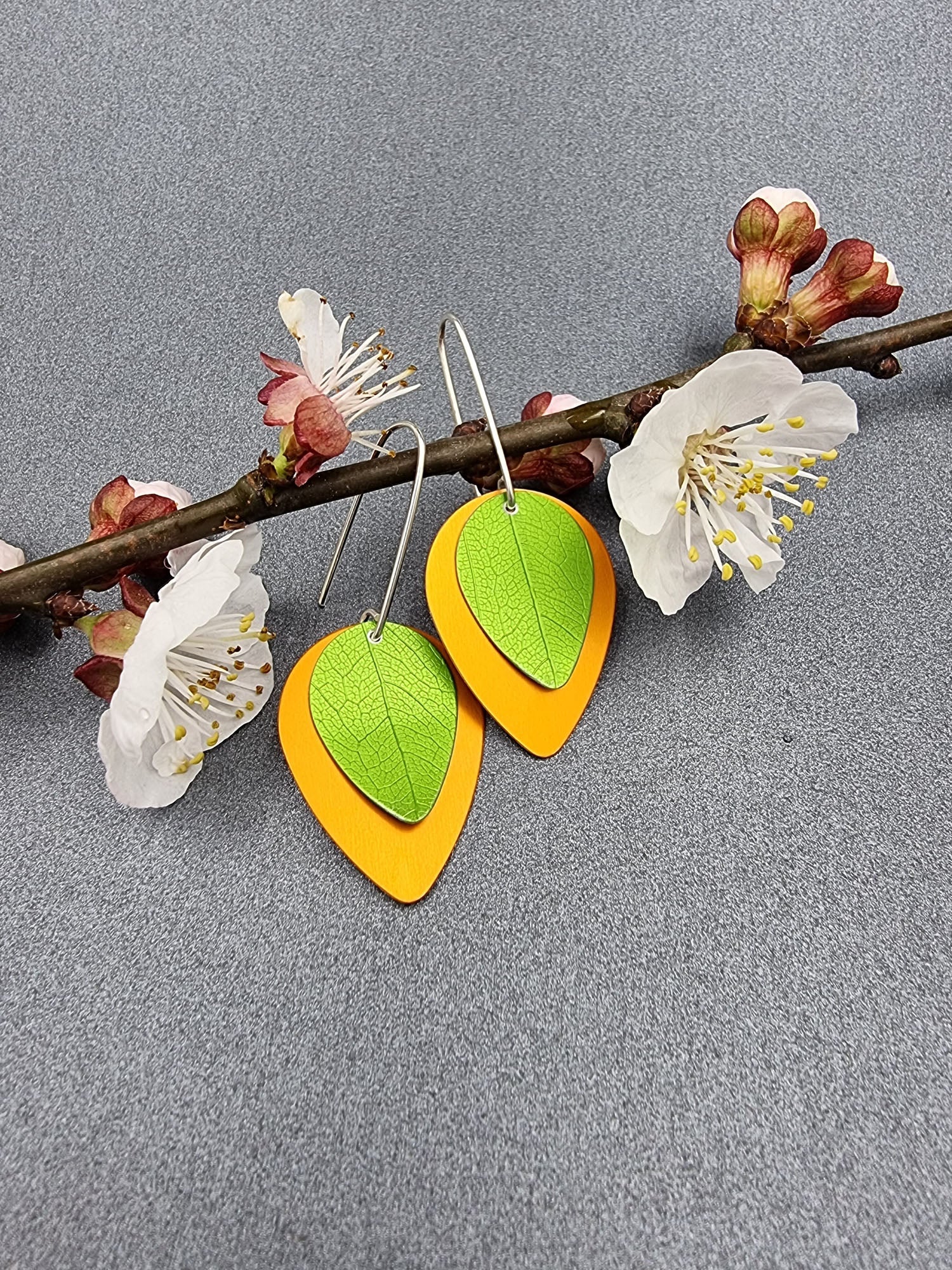 A SPRING FLING - lime leaf on orange earrings-Erin K Jewellery-stride