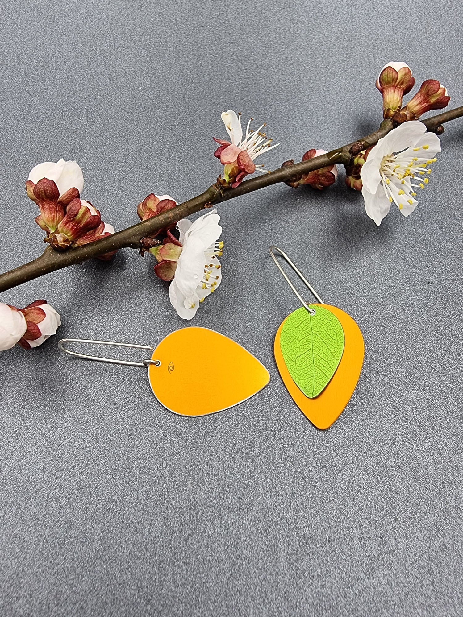 A SPRING FLING - lime leaf on orange earrings-Erin K Jewellery-stride