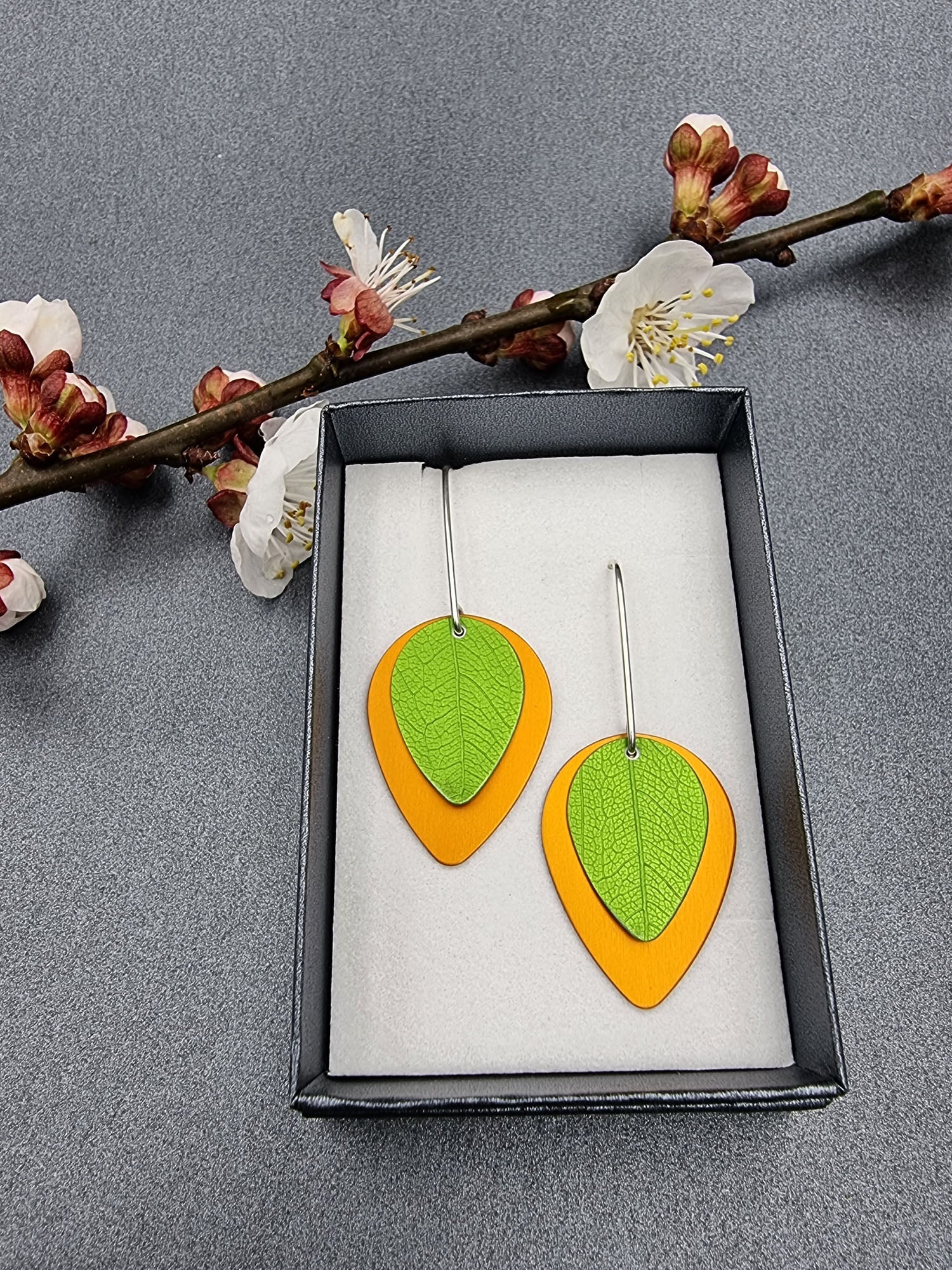 A SPRING FLING - lime leaf on orange earrings-Erin K Jewellery-stride