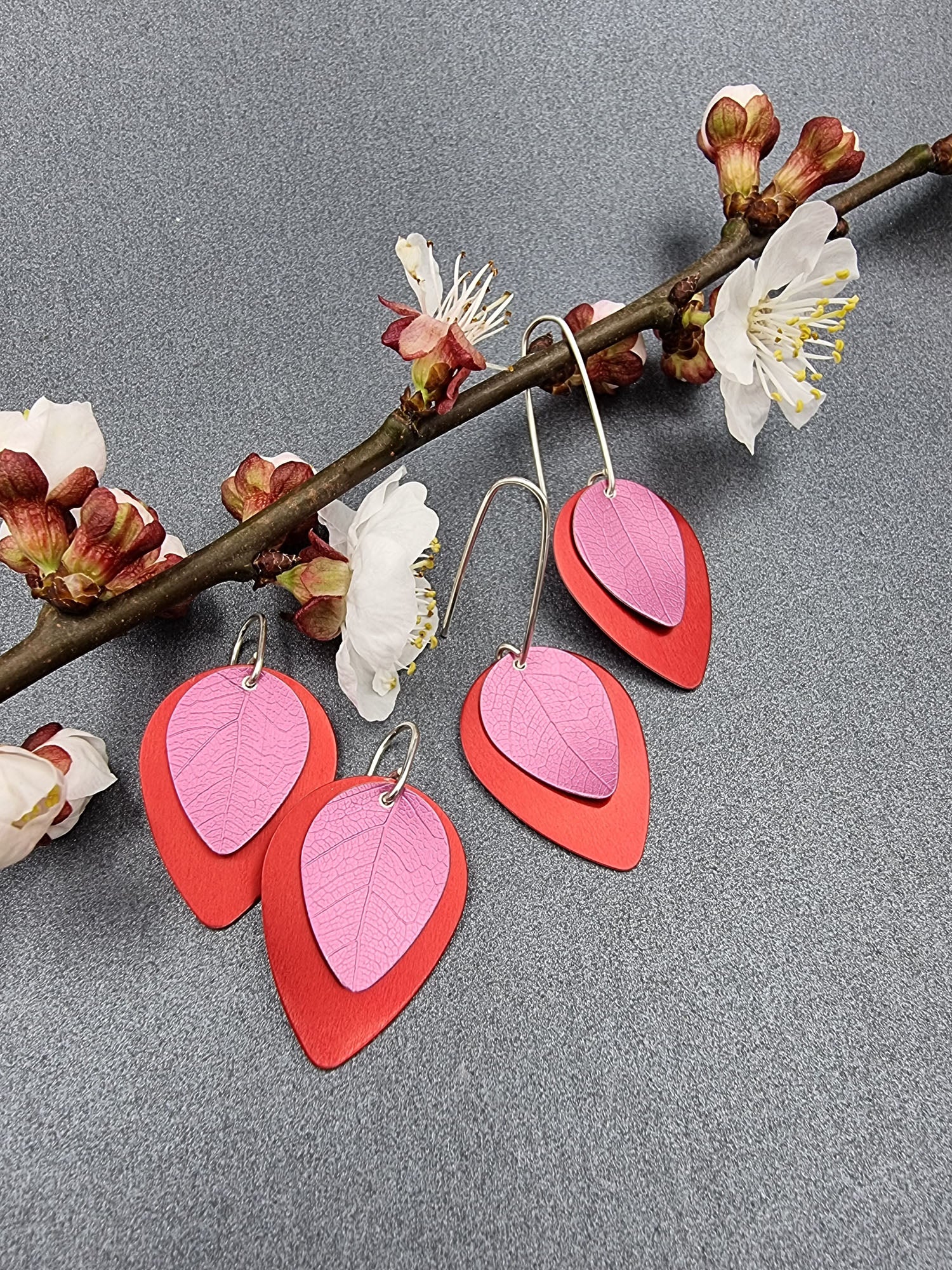 A SPRING FLING - pink leaf on red earrings-Erin K Jewellery-stride