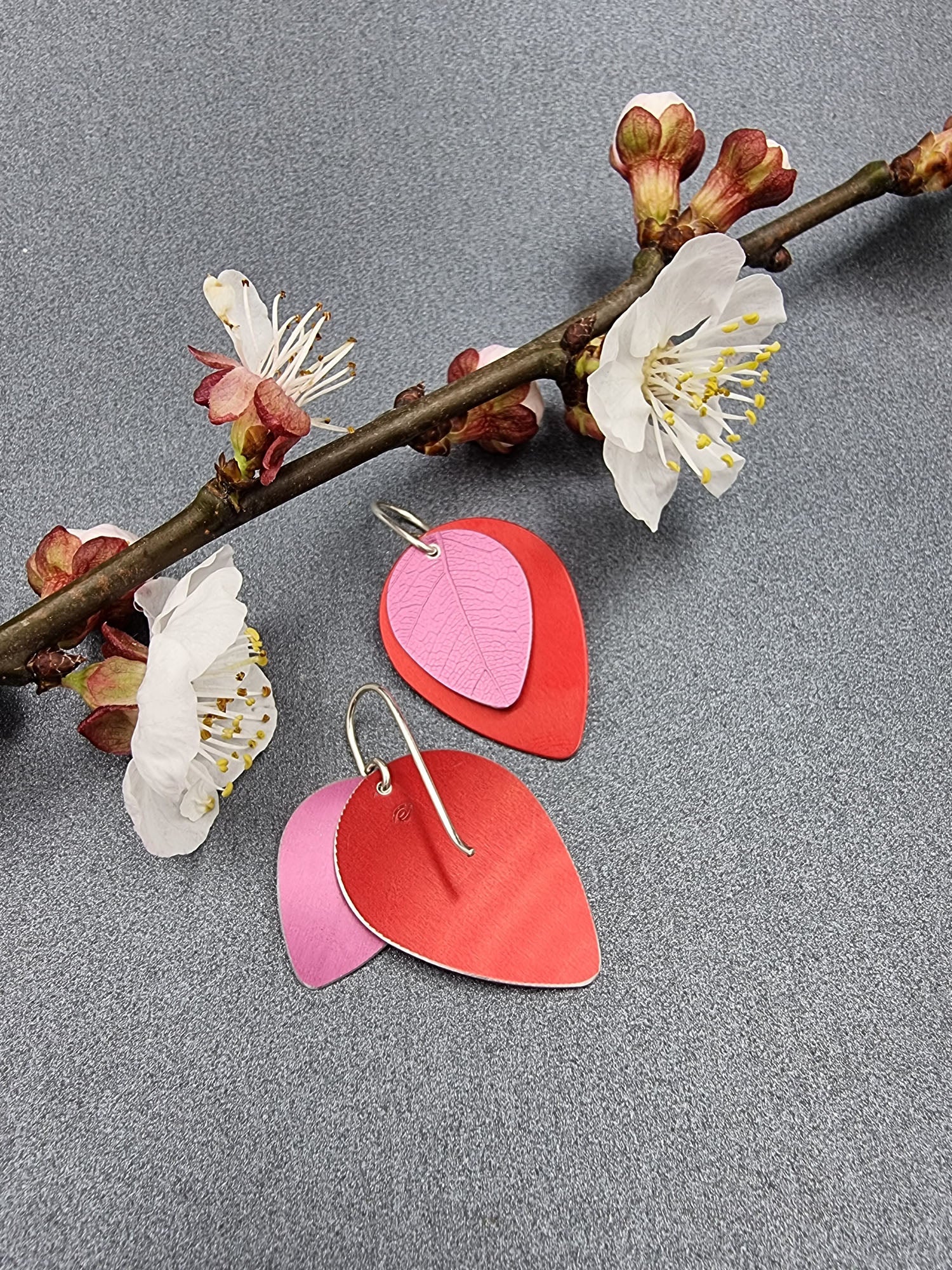 A SPRING FLING - pink leaf on red earrings-Erin K Jewellery-stride