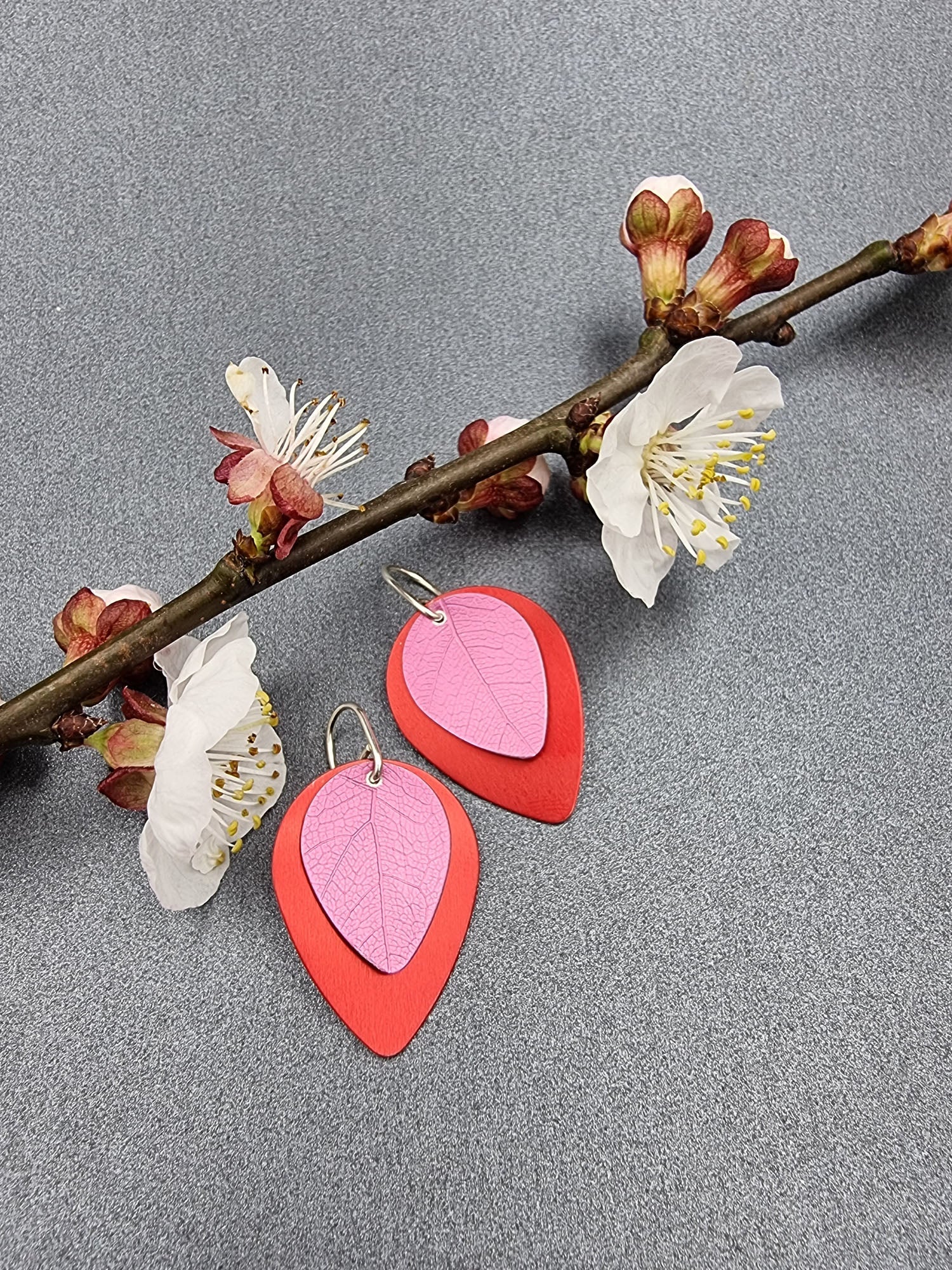 A SPRING FLING - pink leaf on red earrings-Erin K Jewellery-stride