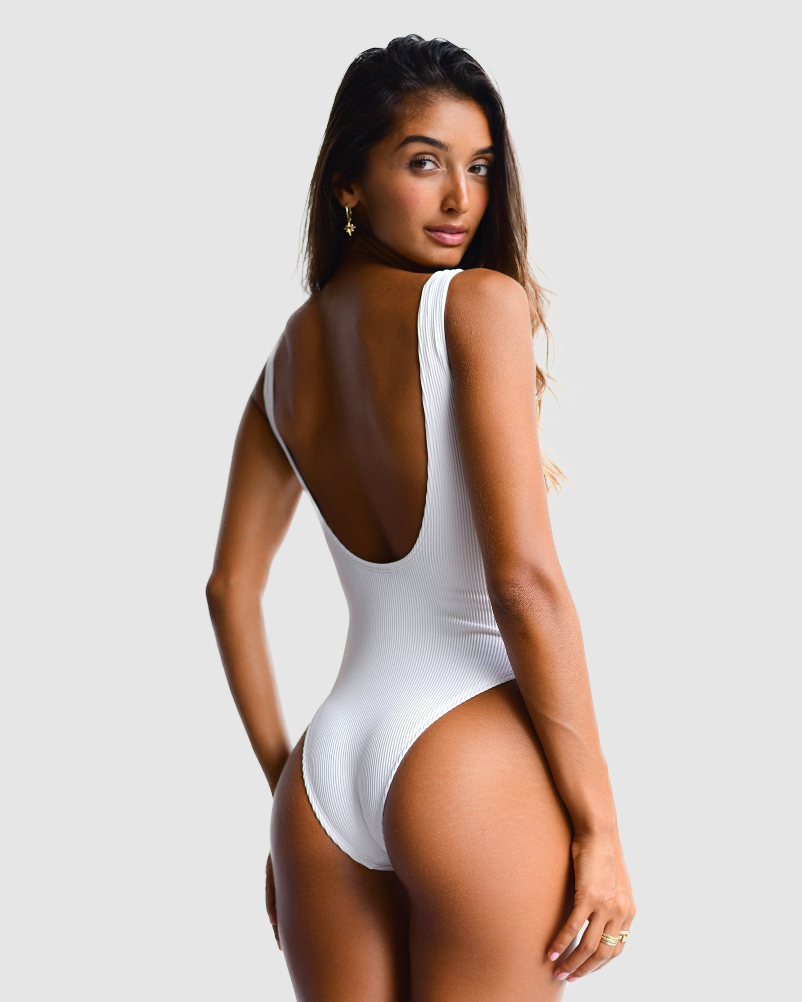 <b>Flamingo</b><br>Pina Colada White Ribbed One Piece<br>Sustainable Australian Swimwear-Cali Rae-stride